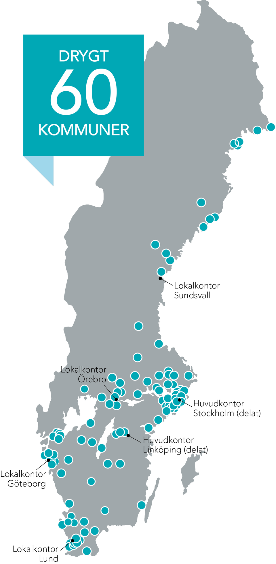 Sverigekarta med markeringar över vart vi finns i landet 